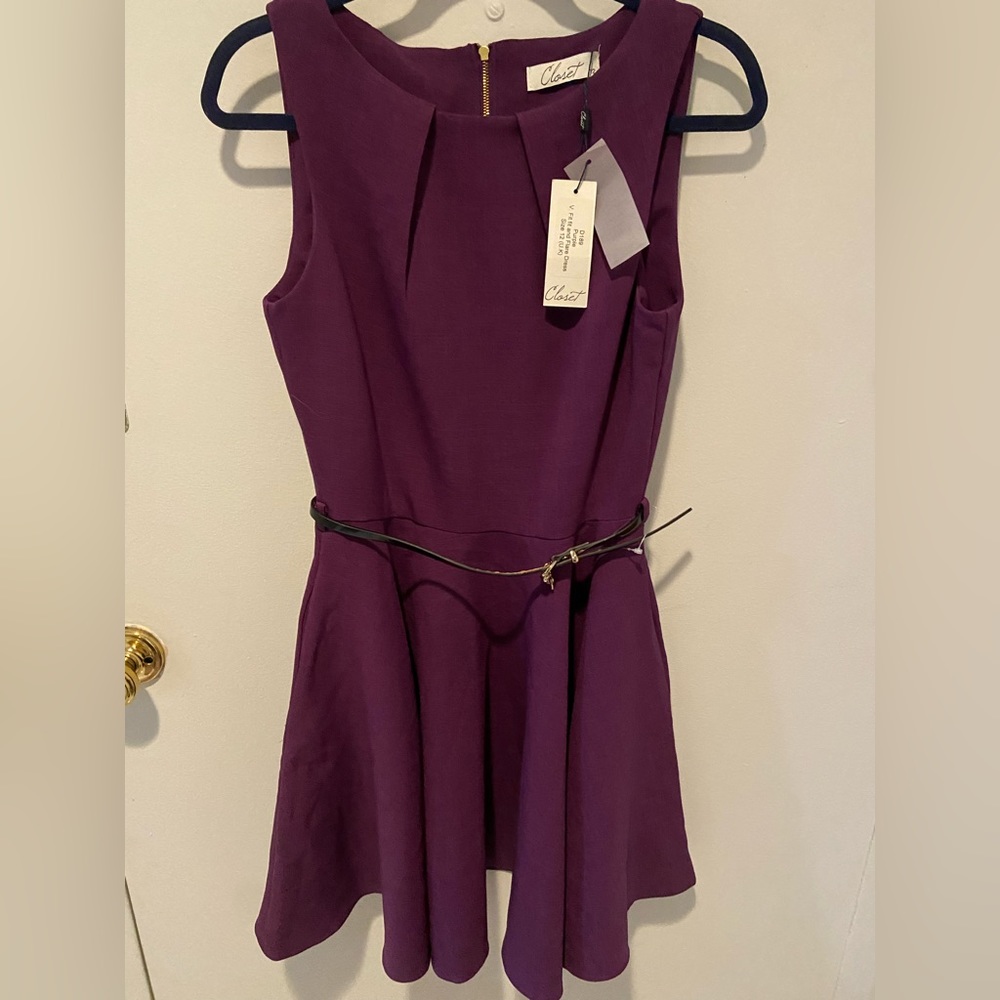 Closet London Purple Belted Fit & Flare Dress, UK 12 / US 8